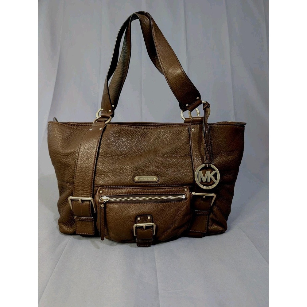 Michael Kors Brown Pebbled Leather Tote Shoulder Bag MK Charm Zip Top‎ Large
